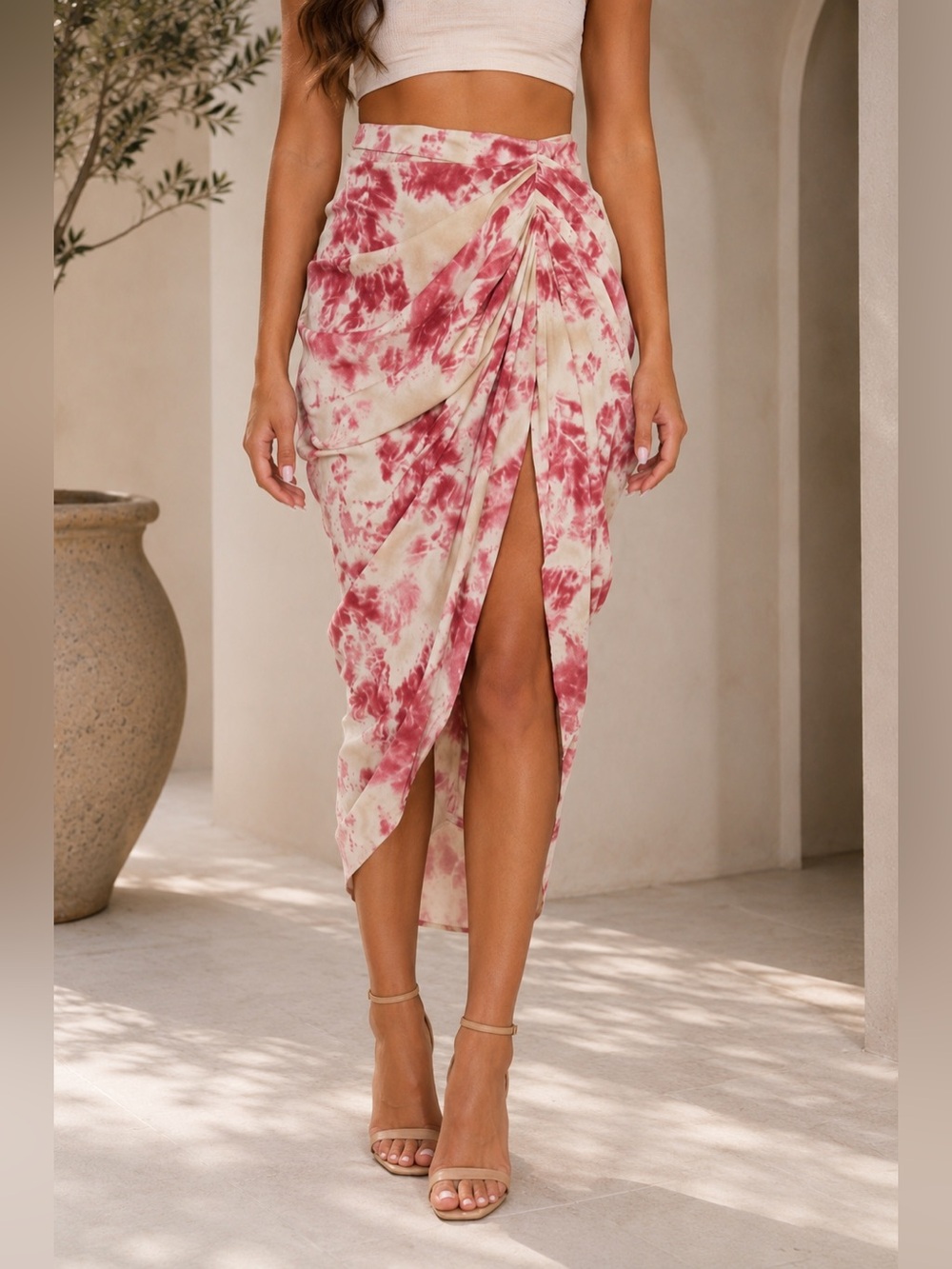 PrettyLittleThing Pink Tie Dye Draped Ruched Midi Skirt Slit Vacation Resort